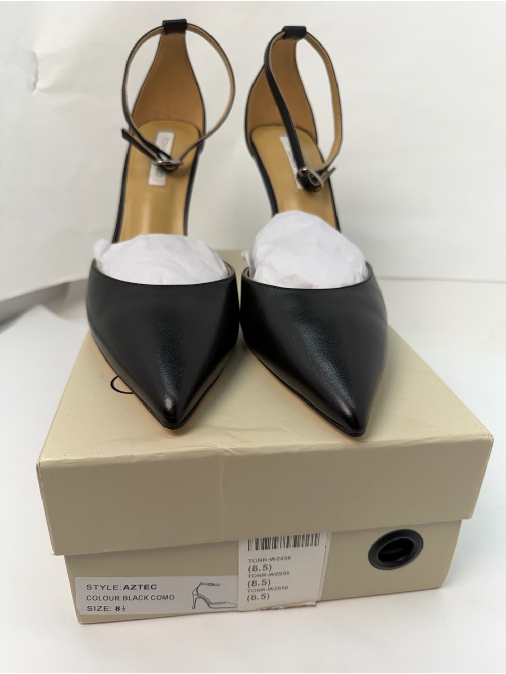 Tony Bianco Aztec Heel in Black Como leather high heel ankle strap pointed toe - Picture 3 of 7